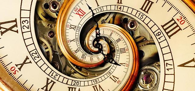 Antique clock spiraling inward, symbolizing time distortion.